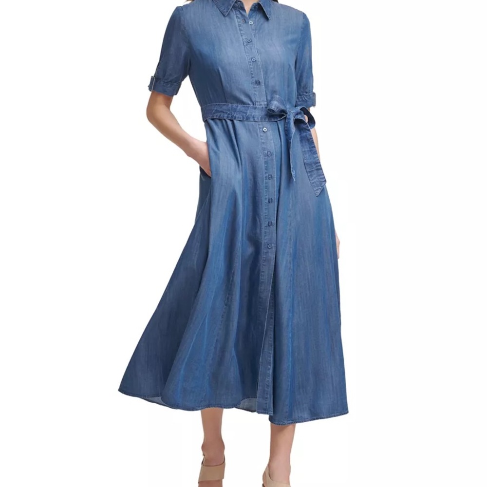 Calvin Klein belted Blue Denim Shirt Dress size 12 with pockets